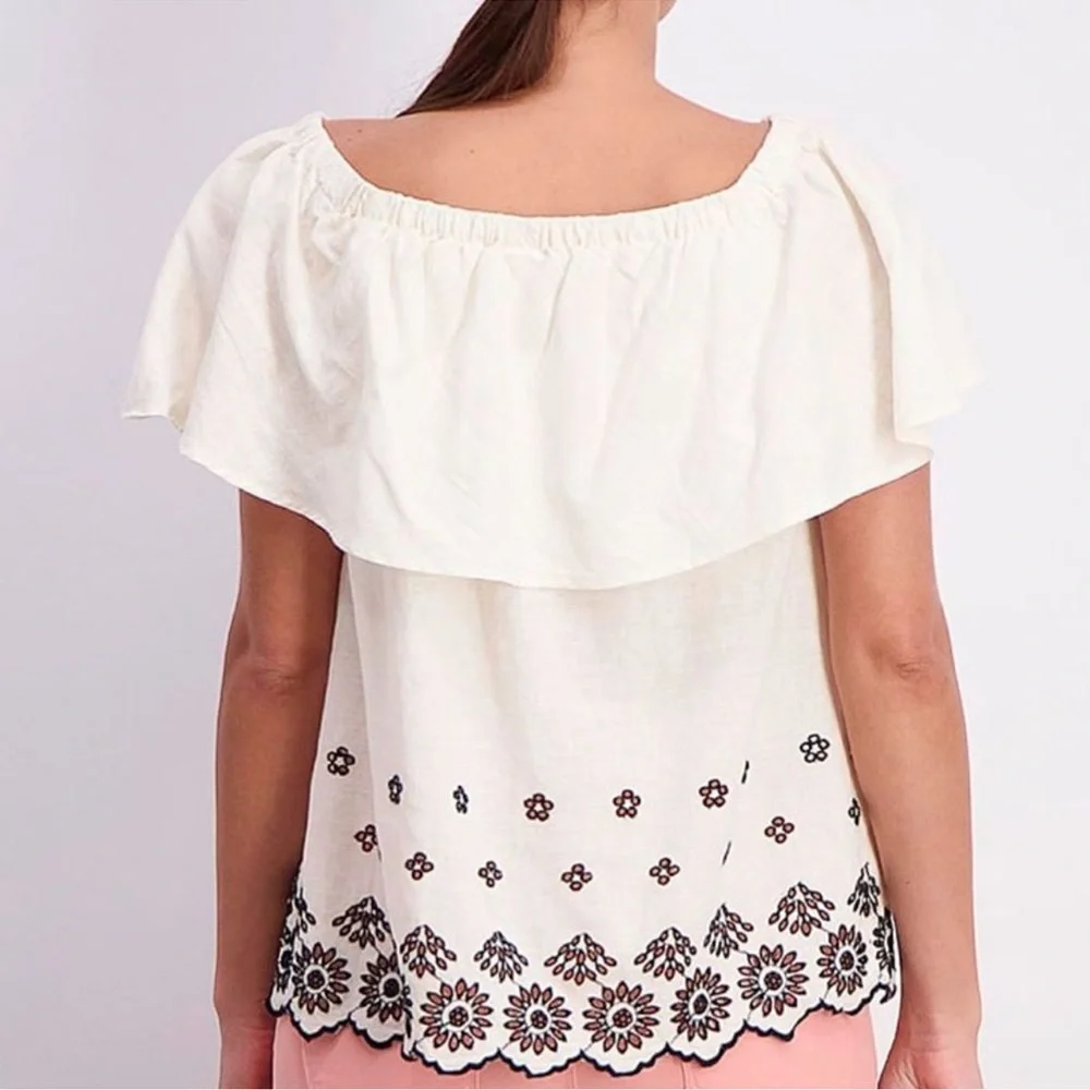Old Navy cold shoulder embroidered linen ruffle top w/ cutwork white black Sz M - Picture 2 of 14